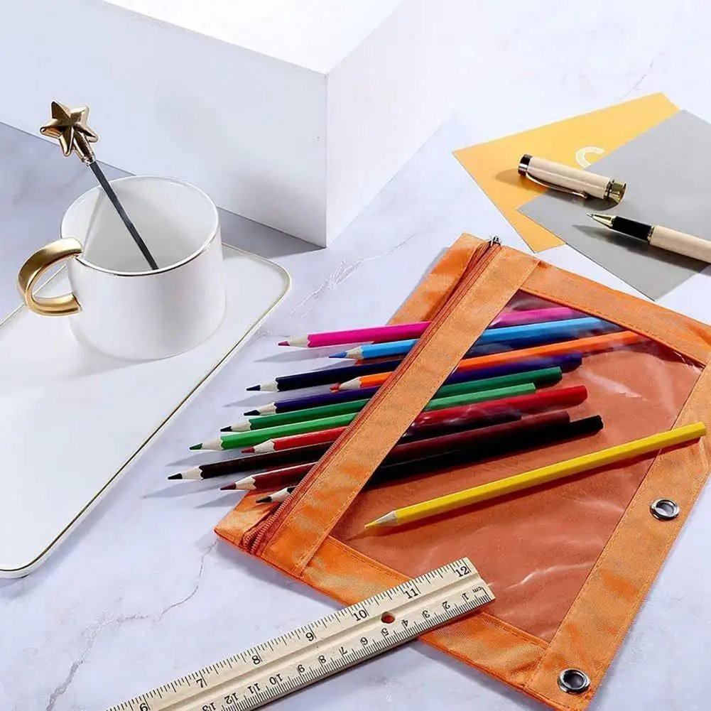 Pencil Case 3 Ring Binder Clear Window Design Zipper Closure Pen Storage Bag School Supplies