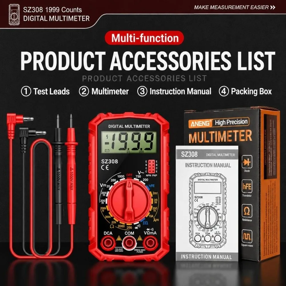 Easy To Read 1999 Counts Digital Multimeter HFE Test Square Wave AC DC Multimeter Auto Range Buzzer HFE Triode Tester