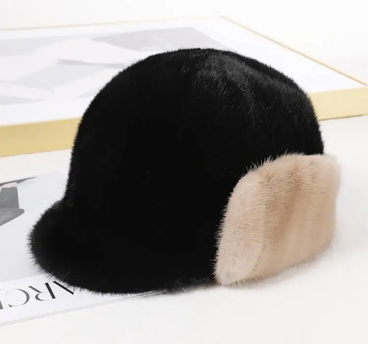 Hat for Women New Winter Real Mink Fur Warm Baseball Cap Female Retro Hat with Earflap Girls