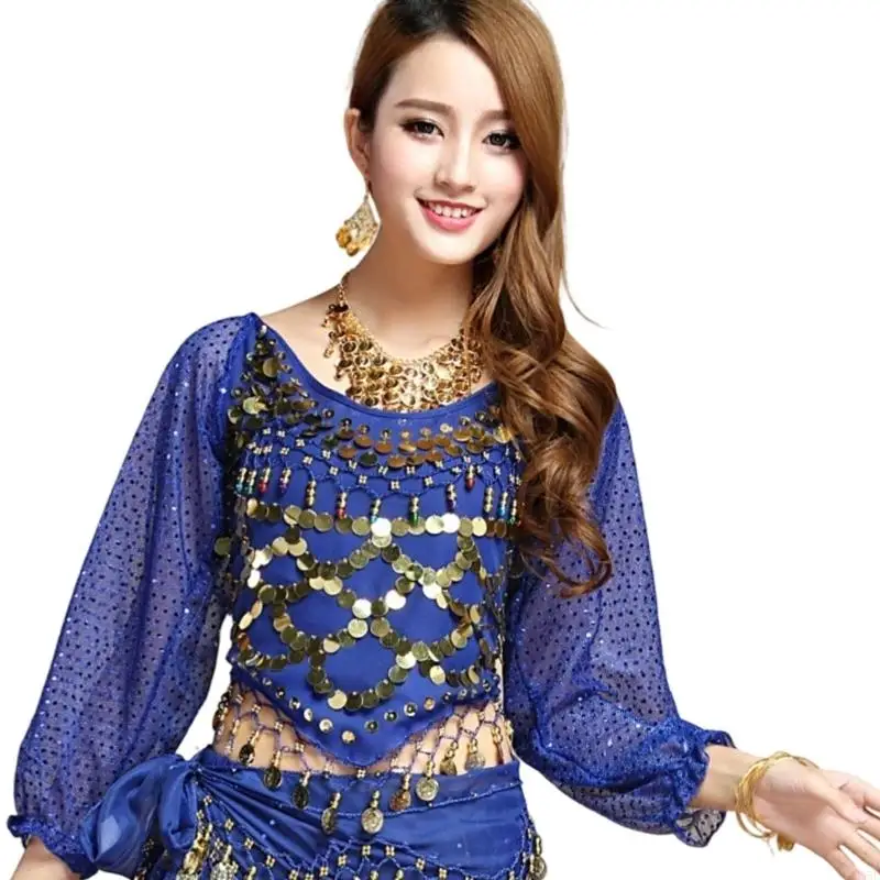 B95F Belly Dance เครื่องแต่งกายแขนยาวเหรียญ เสื้อ Top Carnival Dancer ชุด