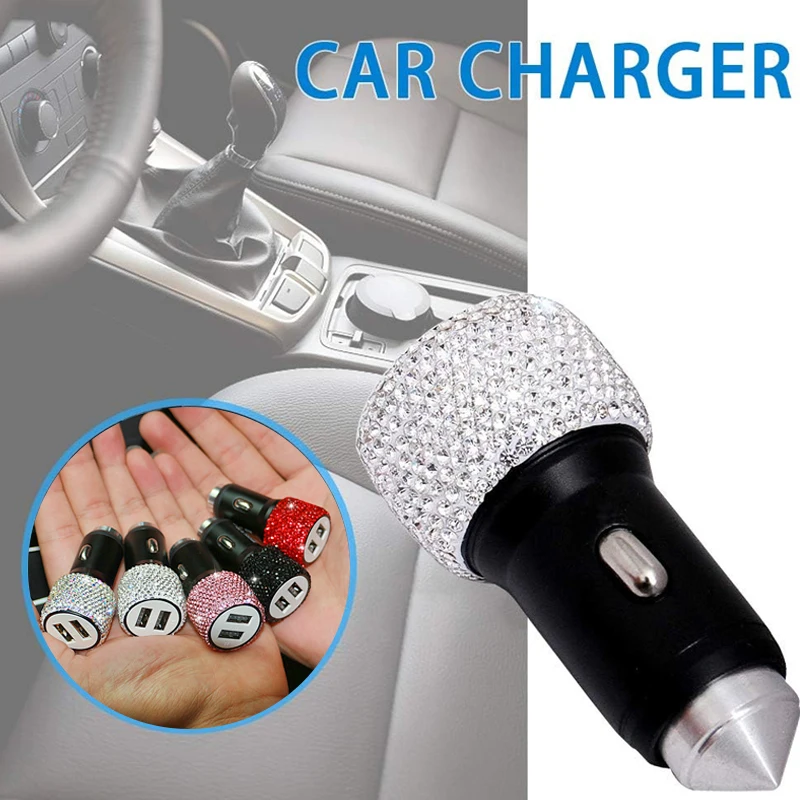 Bling Pink Crystal Diamond Dual USB Car Charger 5V 2.1A Dual Port Fast Adapter Car Decor Styling Accessories Interior for Woman