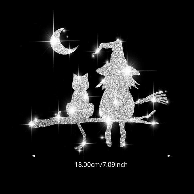 1pc Glitter Rhinestone Witch & Cat Silhouette Window/Door/Bedroom Wall Sticker - Self-Adhesive Vinyl
