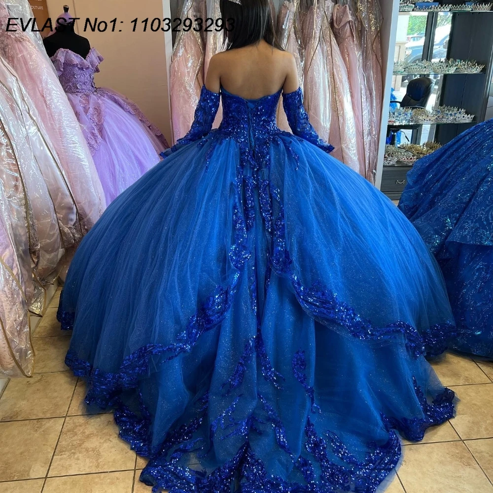 EVLAST Customized Royal Blue Quinceanera Dress Ball Gown Sequins Applique Beading Tiered Sweet 16 Vestido De 15 Anos E1Q145