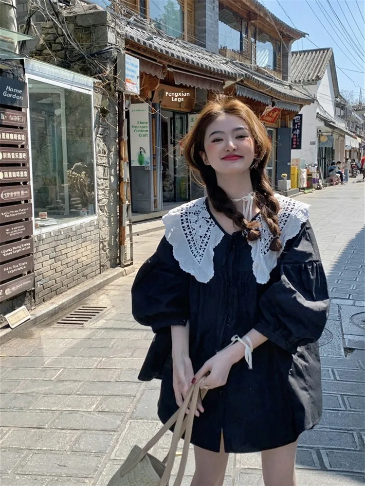 

Plus Size plus Size Summer Sweet Design Ribbon Doll Collar Lantern Sve ort Sve irt Women Loose Top Korean Sle Pure Color Co...