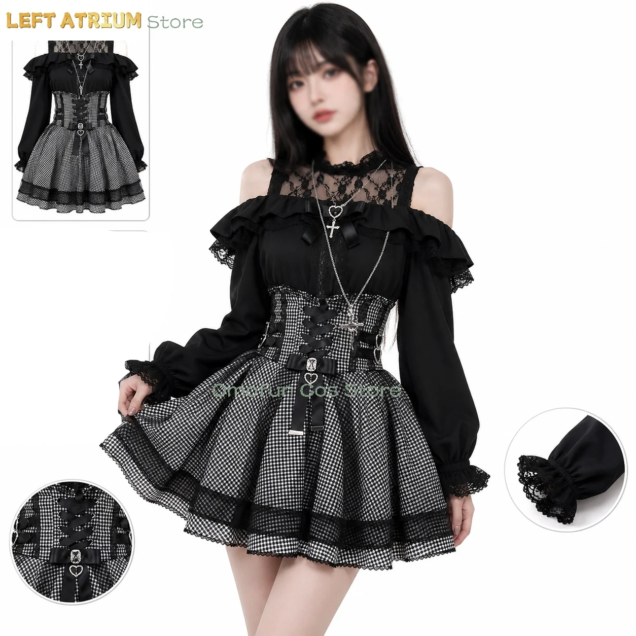

Jirai kei Lolita Dress Skirts Blouse New Autumn Japanese Elegant Lady Long Sleeve Off-shoulder Top High Waist Skirt 2-piece Set