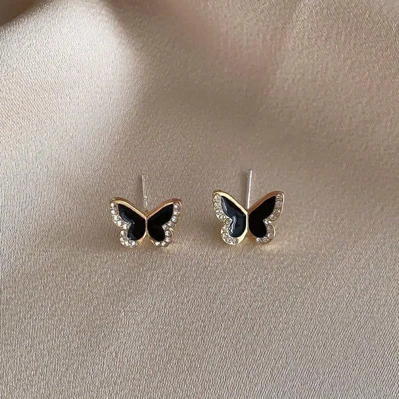 Korean Crystal Butterfly Stud Earrings Unique Black Color Enamel Geometric Personality Women Jewelry Wholesale Gift