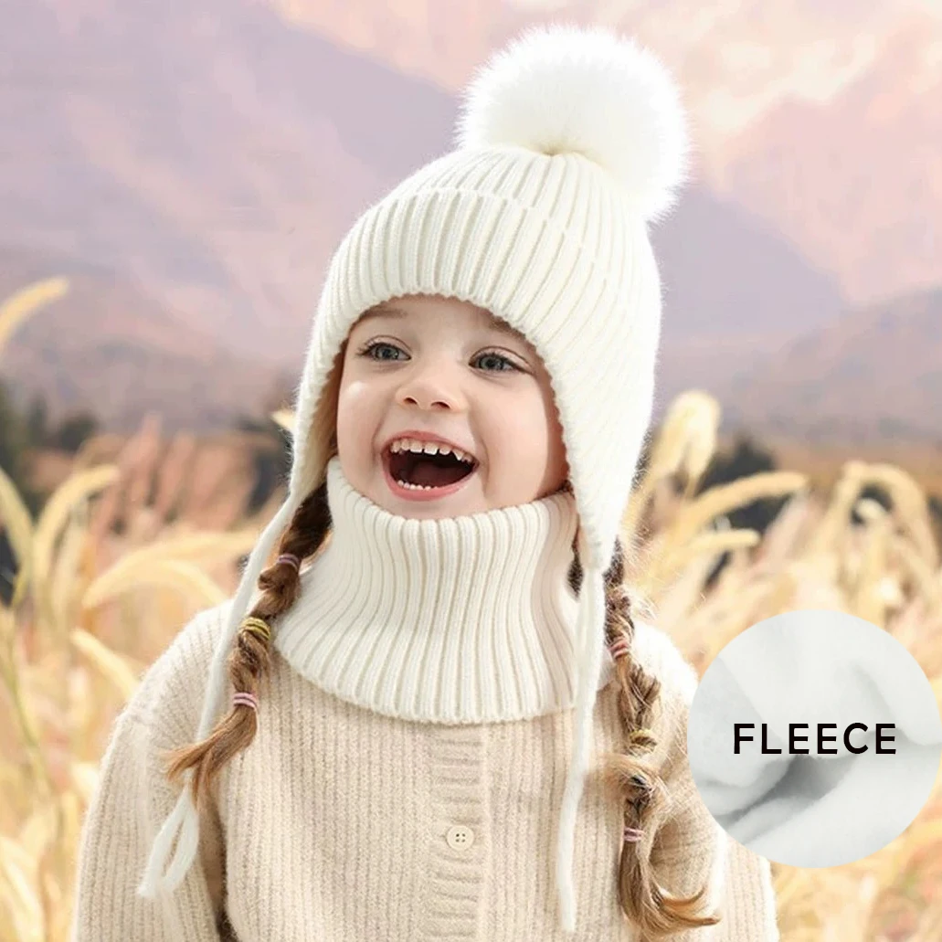 NEW Winter Wool Beanie Hat Neck Set 2Pcs Real Fox Ball Hat Kids Boy Girl Thick Warm Knitted Stripe Outdoor Baby Cap 1-6Y