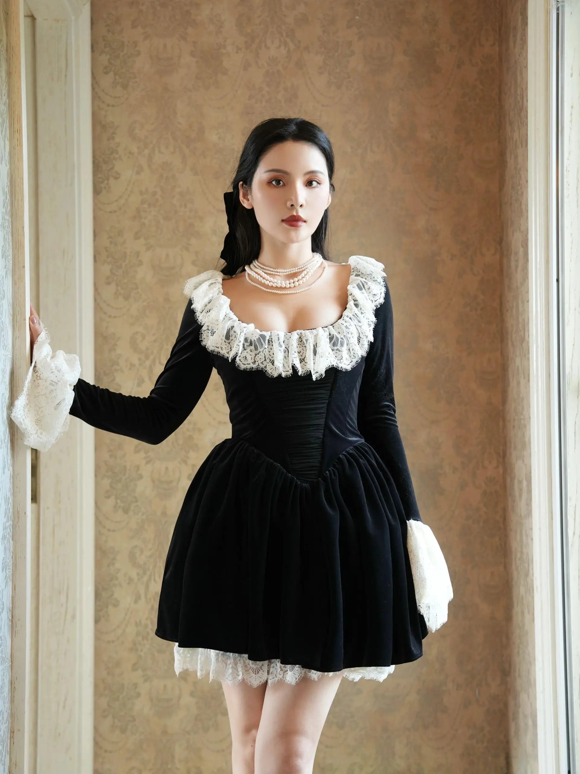 

Бархатная кружевная юбка в стиле ретро с завязкой на талии, пышная юбка для похудения Hepburn Sle с высокой талией, иллюзорный высокий Bla Dr