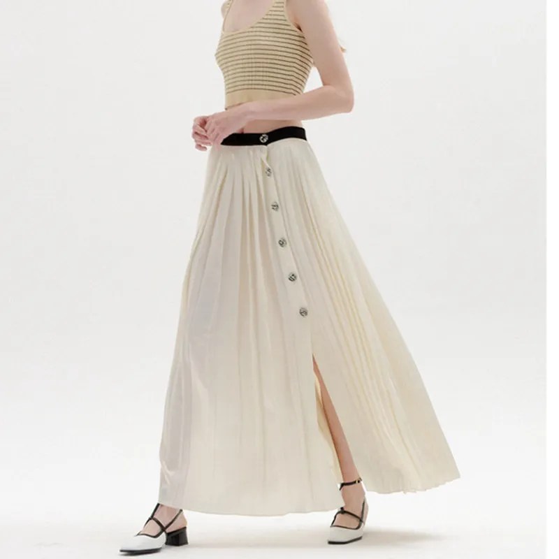 

High Waist Pleated Midi Skirt New Lady Single-breasted Slit Long Skirts All-Match Clothing