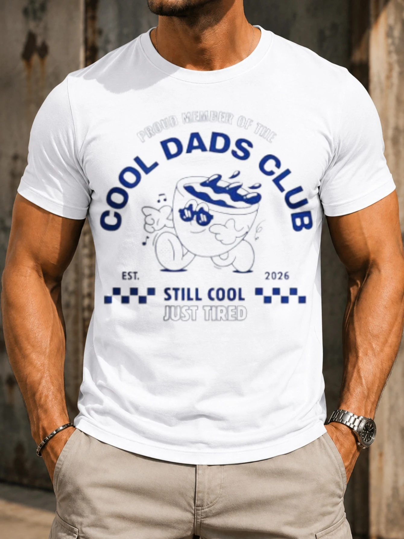 Cool Dads Club Still Cool Just Tired  blue coffee cup mascot checker stripe Est 2026 dad humor  Unisex All T-Shirt