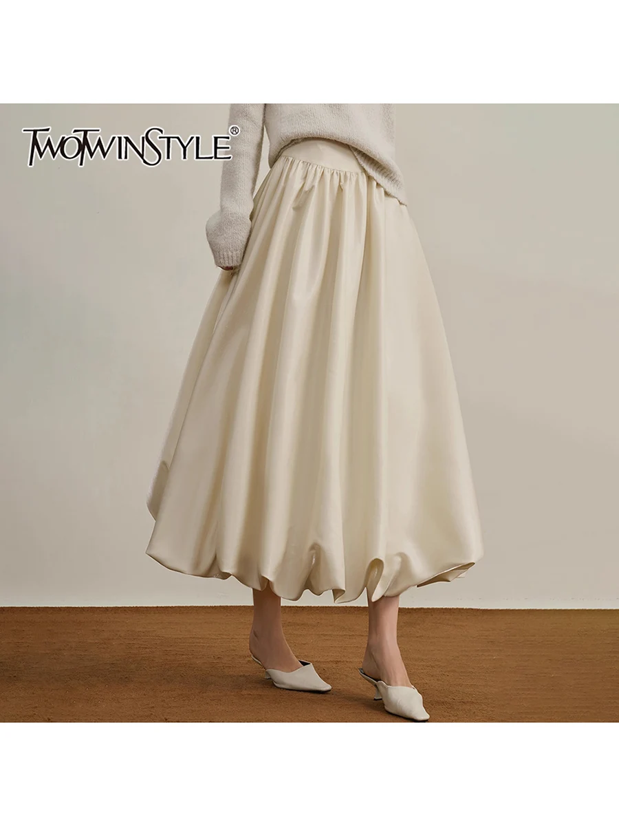 

TWOTWINSTYLE Elegant Loose Spliced Shirring Basics Skirts for Women High Waist Versatile Long Skirt Female Fashion Clothing New