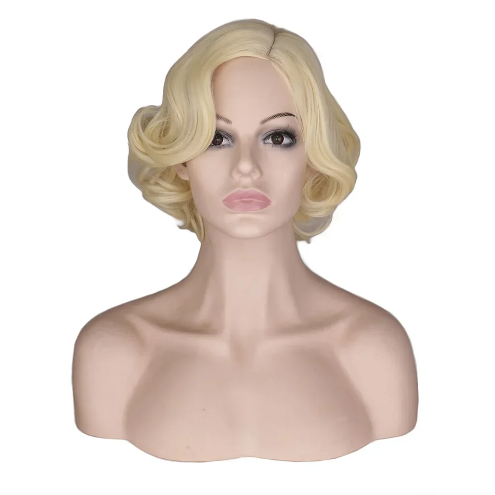 QQXCAIW Women Girls Short Blonde Curly Cosplay Wigs Cos Marilyn Monroe Female  Party High Temperature Fiber Synthetic Hair Wigs