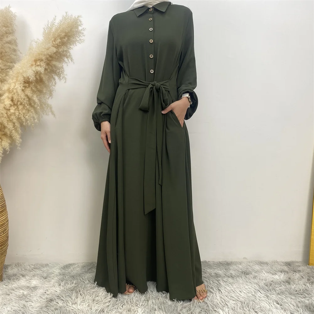 Muslim women summer hot sale chiffon dress Middle East Dubai Turkey solid color loose button elegant temperament dress with pock