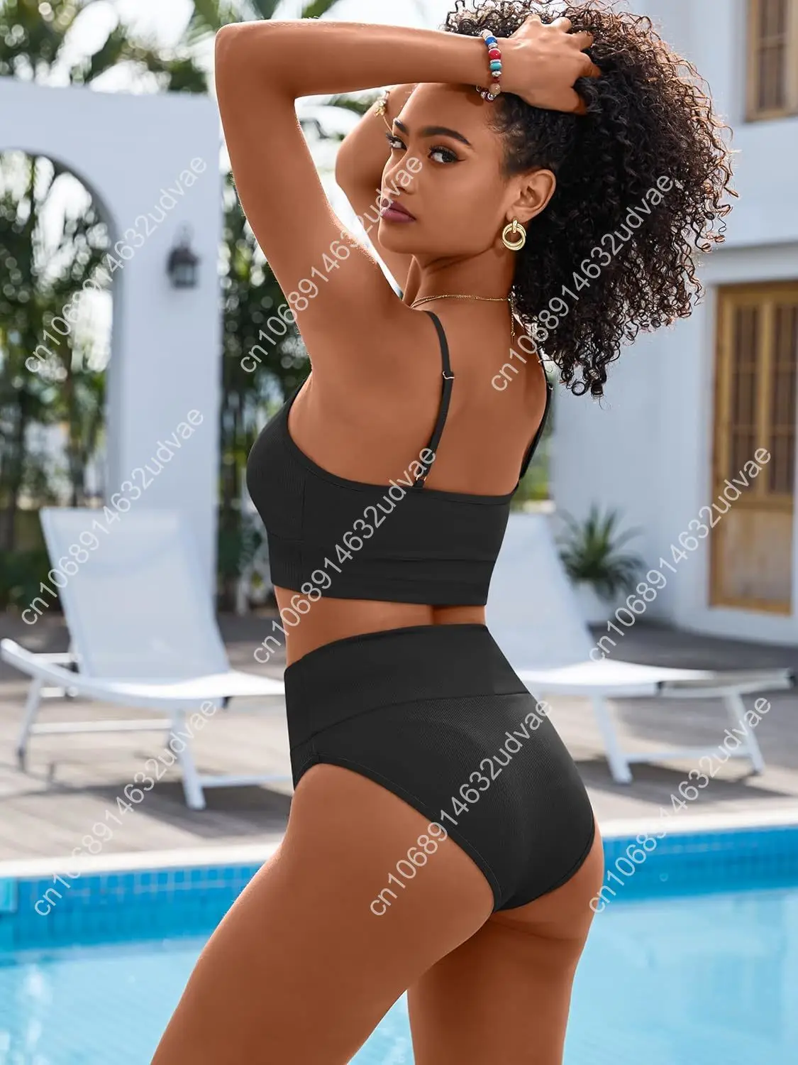 Bikini Sets for Women 2 Piece High Waisted Tummy Control Color Block Summer Beach Swimsuit Ribbed Swim Bathing Suit