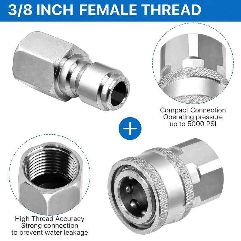 3/8 Inch Pressure Washer Coupler Quick Connect Plug Stainless Steel Male and Female Quick Connect Fittings Washer Accessories