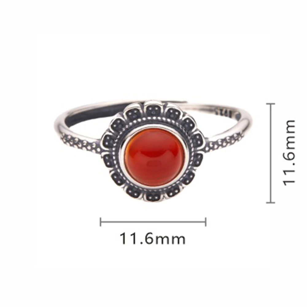 New Retro S925 Sterling Silver Ring for Women Natural Agate Color Treasure Flower Thai Silver Ring Fashionable Ethnic Style