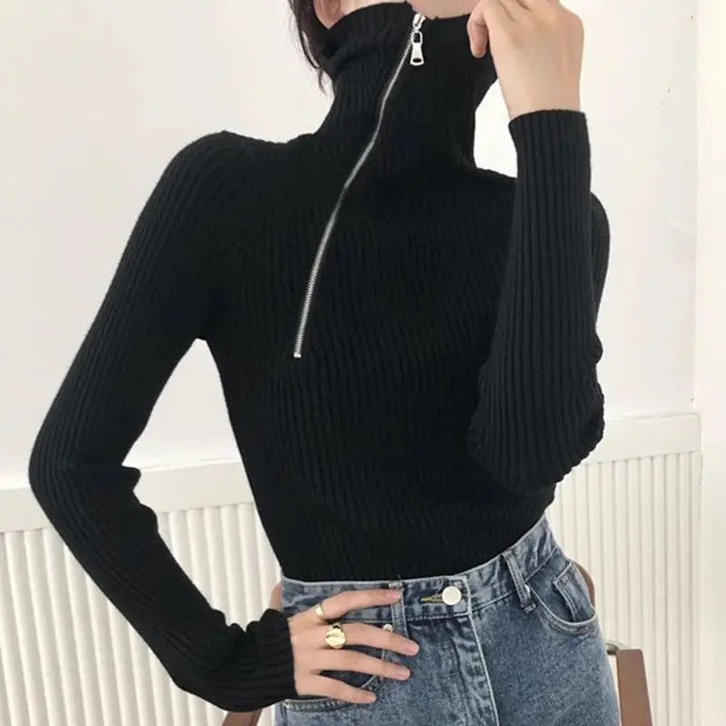 Autumn Winter Solid Color Pullovers Interior Lapping Long Sleeve Casual Undercoat Zipper Turtleneck Sweaters Women\'s Clothing