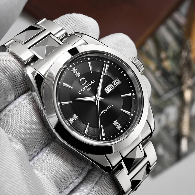 Carnival Brand Luxury Mechanical Watch Men High End Tungsten Steel Strap 50M Waterproof Week Date Automatic Watches Mens