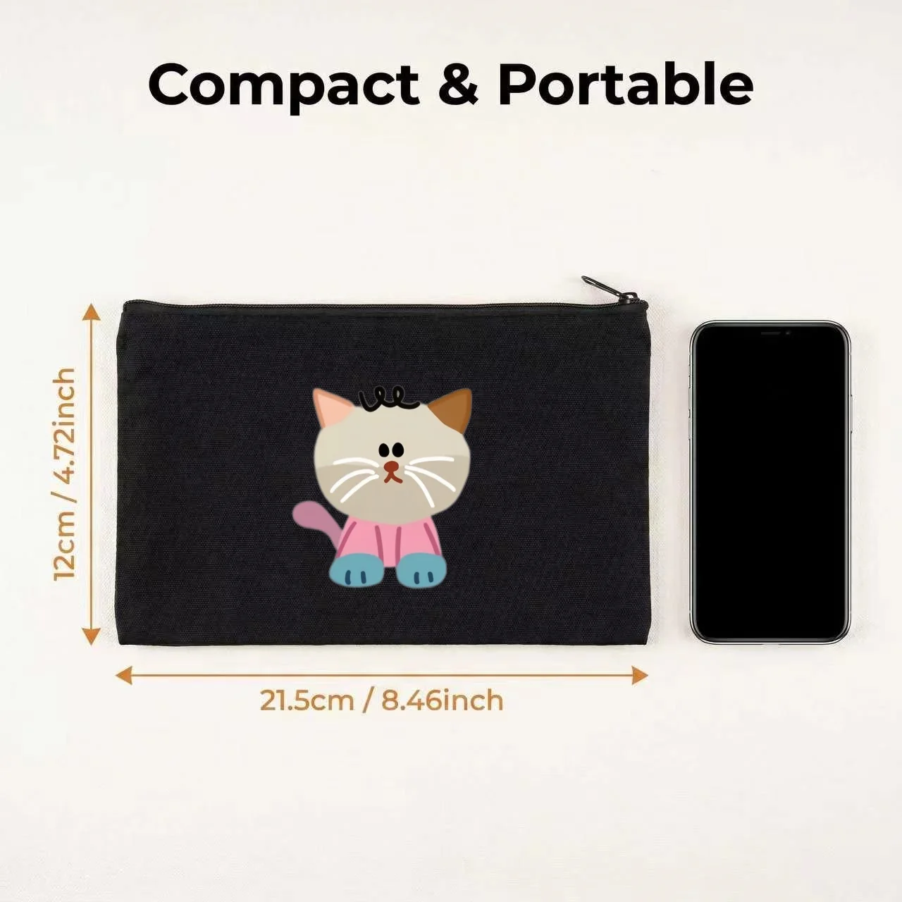 1PC Minimalist Cartoon Siamese Cat Pink Sweater Canvas Cosmetic Bag Double Sided Portable Travel Zipper Pouch