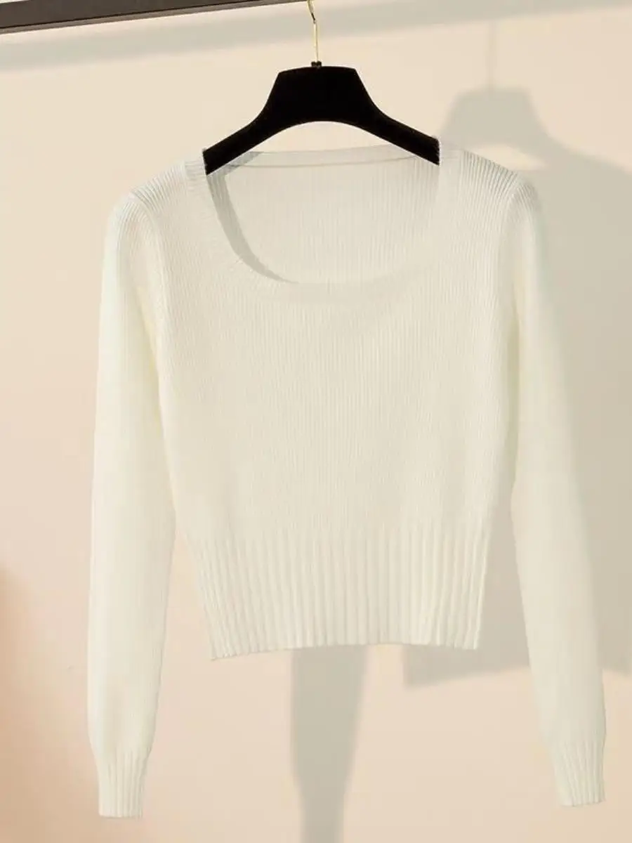 Slim Fit Base lavorata a maglia irt Maglia lunga da donna con colletto quadrato Sve sopra la testa inizio primavera ort Sle maglione dimagrante cinccato in vita