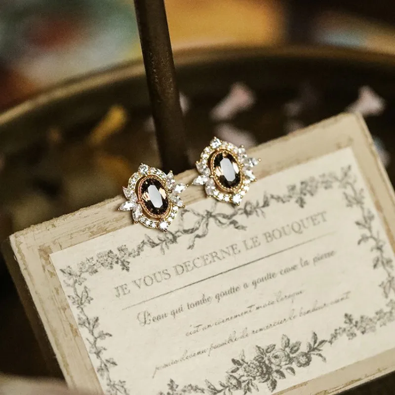 925 Sterling Silver Plated 14K Gold Vintage Delicate Inlay Coffee Colored Zirconia Kolczyki dla kobiet Wysokiej jakości biżuteria imprezowa — zdjęcie 3