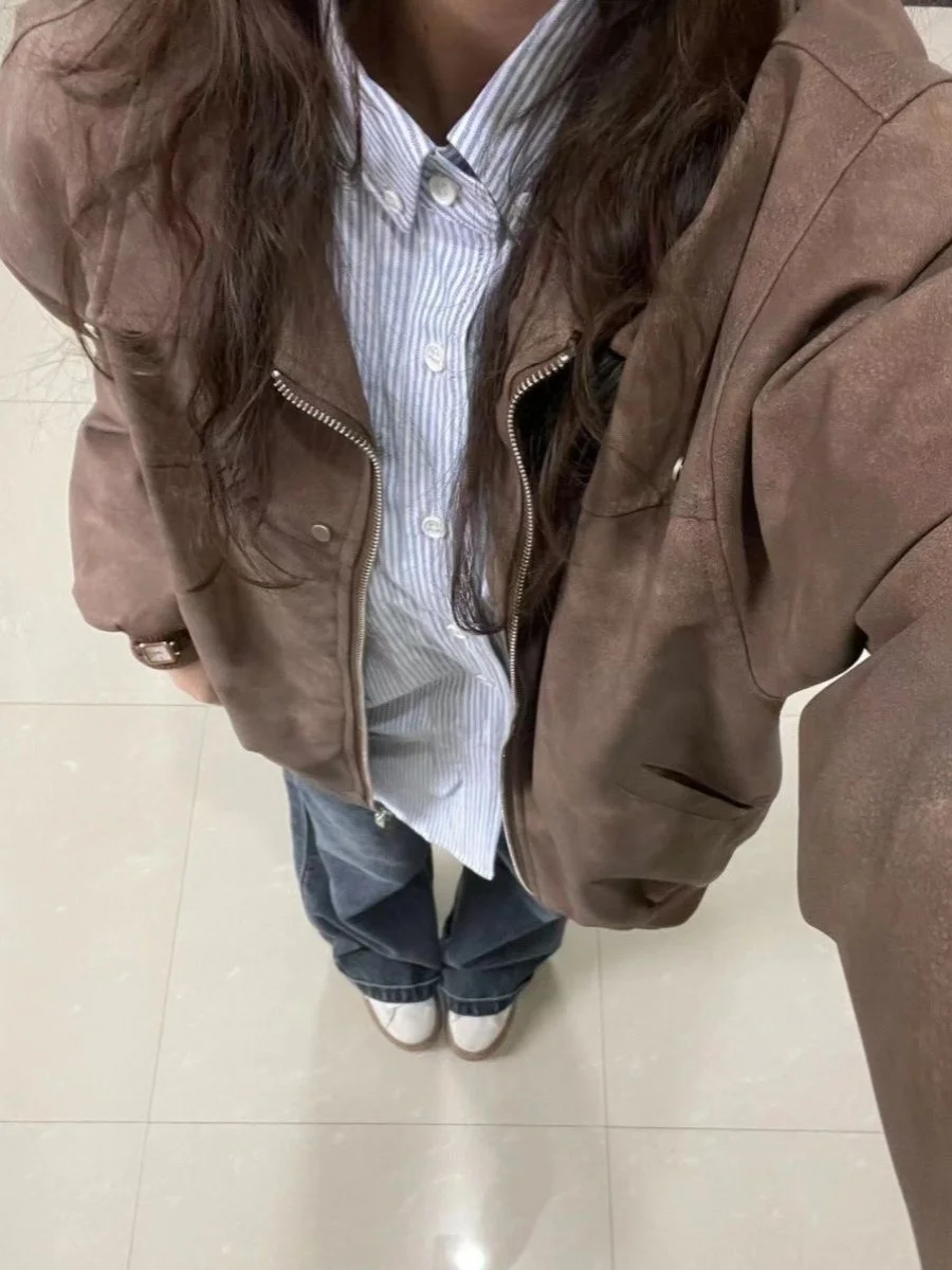 Cappotto Jaet in pelle da donna American Sle Colletto rovesciato vintage High Street Versatile coppia allentata Jaet da baseball alla moda