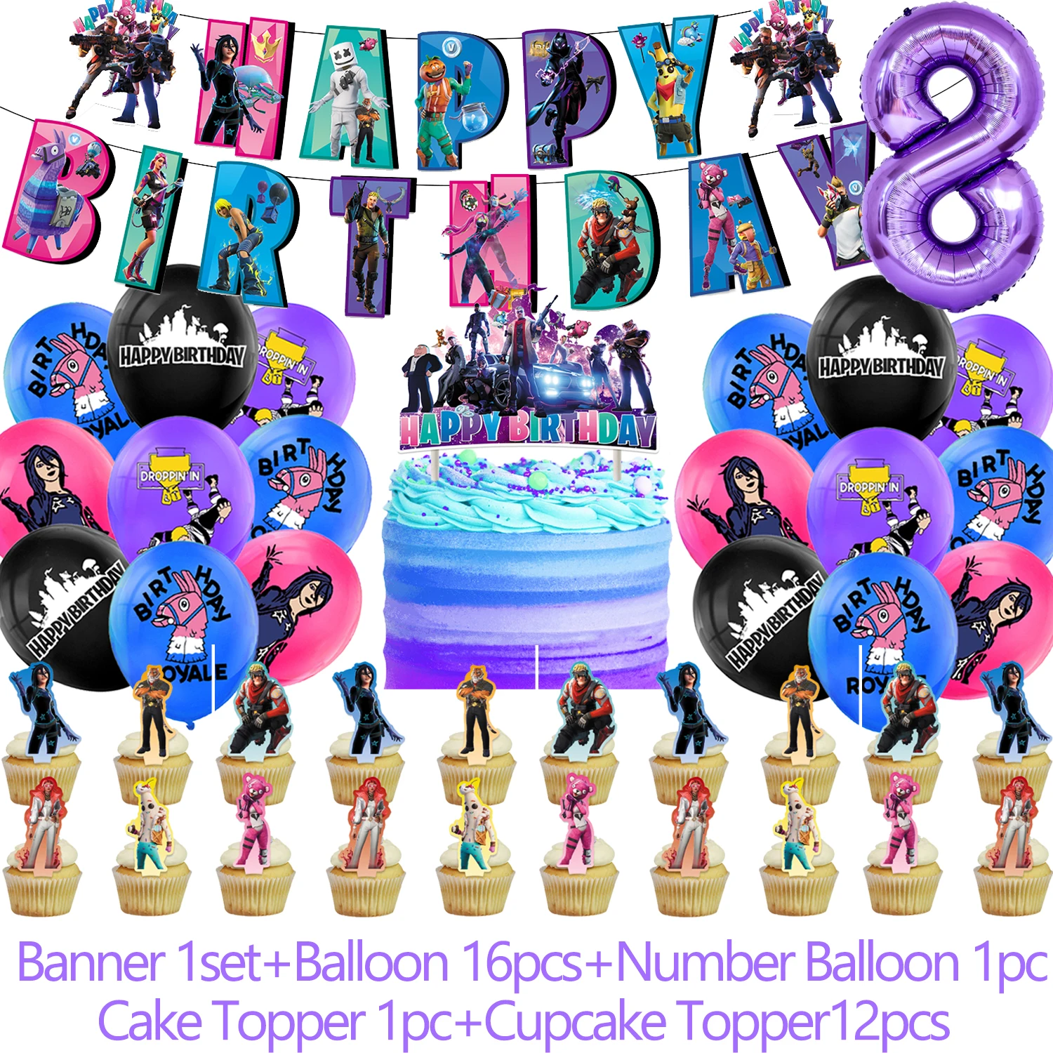 Interesting Shooting Game Fortnite Theme Birthday Party Decoration Supplies Cup Plate Balloons Cake Topper Banner Props Kid Gift view 2
