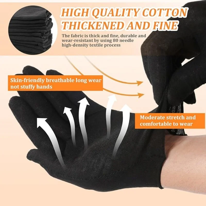 6-12 Paar schwarze Baumwollhandschuhe, weiche, feuchtigkeitsspendende Stoffhandschuhe für die Nacht, dehnbare, waschbare Schmuckprüf- und Arbeitshandschuhe – Detail 3