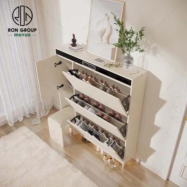 الجملة رخيصة الثمن شقة ذكي خشبي مكافحة سقوط تخزين الأحذية الرف المنزل خزانة الأحذية الذكية مع البراز