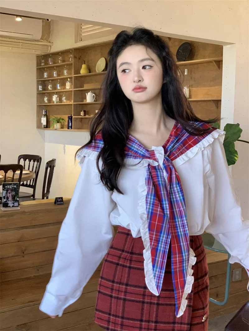 

Kumikumi Women's Plaid Long Sleeve Shirt Naval Collar Loose Fit Spring Vintage Wood Grain Slimming Top Commute Style
