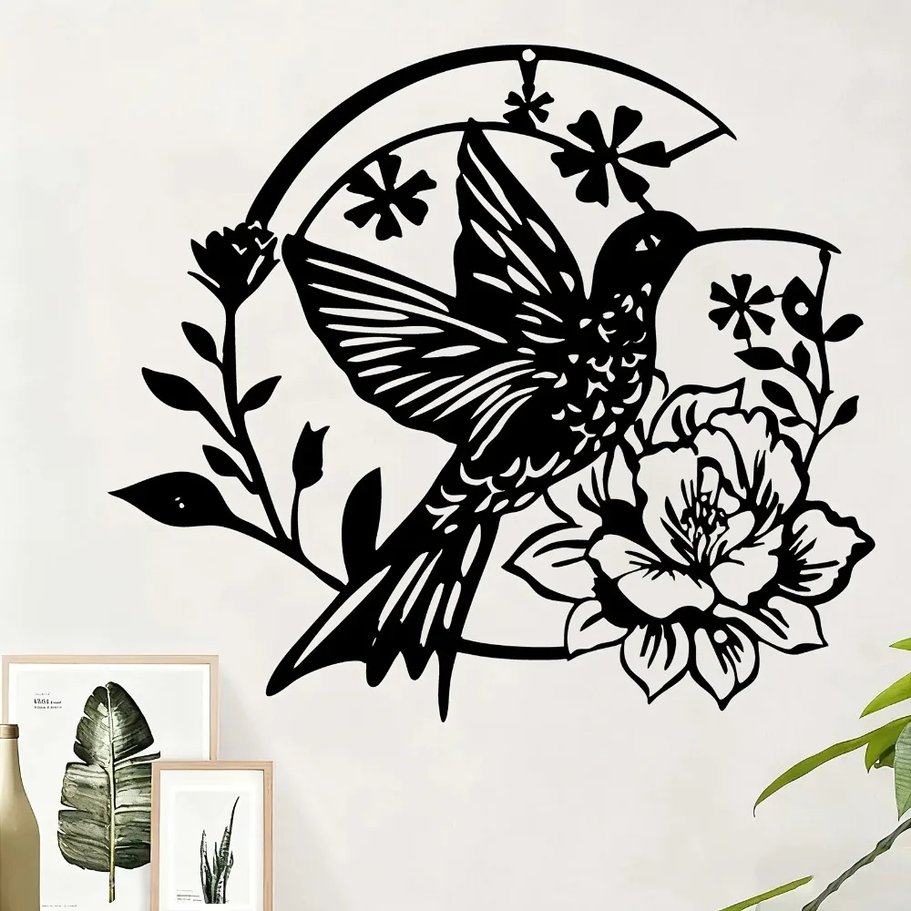 1pc Hummingbird Flower Metal Wall Art Powder-Coated Iron Sculpture Classic Flying Bird Decor for Living Room Home Outdoor Wall D
