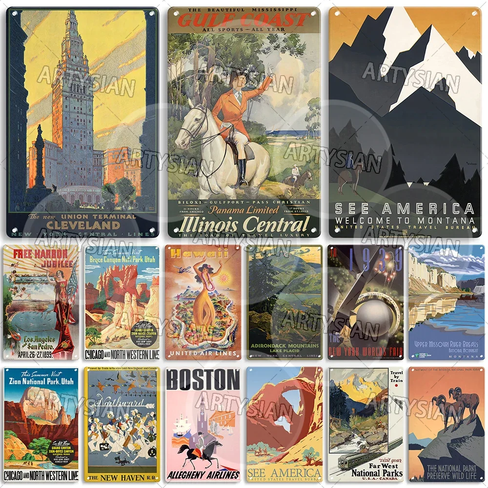 Cartel de viaje Estados Unidos Letrero de metal Nueva Inglaterra Boston Nueva York Cleveland Utah Illinois San Francisco Pensilvania Montana