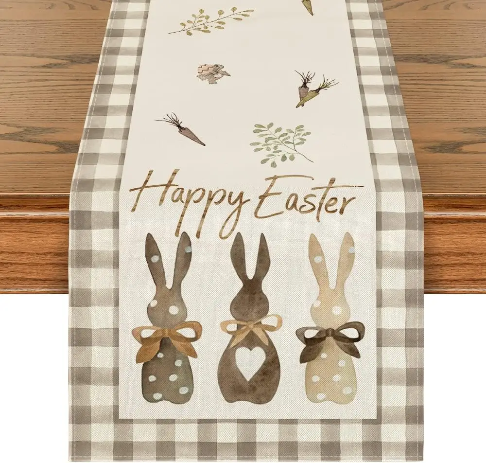 Buffalo Plaid Bunny Happy Easter Table Runner Seasonal Spring Kitchen Dining Table Decoration for Home Wedding Party Decor