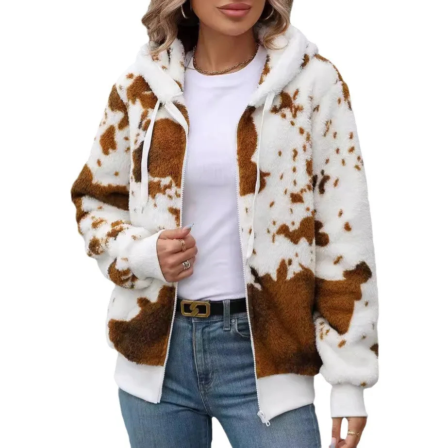 

2025 New Fashion Printed Zipper Hooded Jacket For Women Women For Winter Casual Loose Lace-up Long Sleeve Cardigan For Women