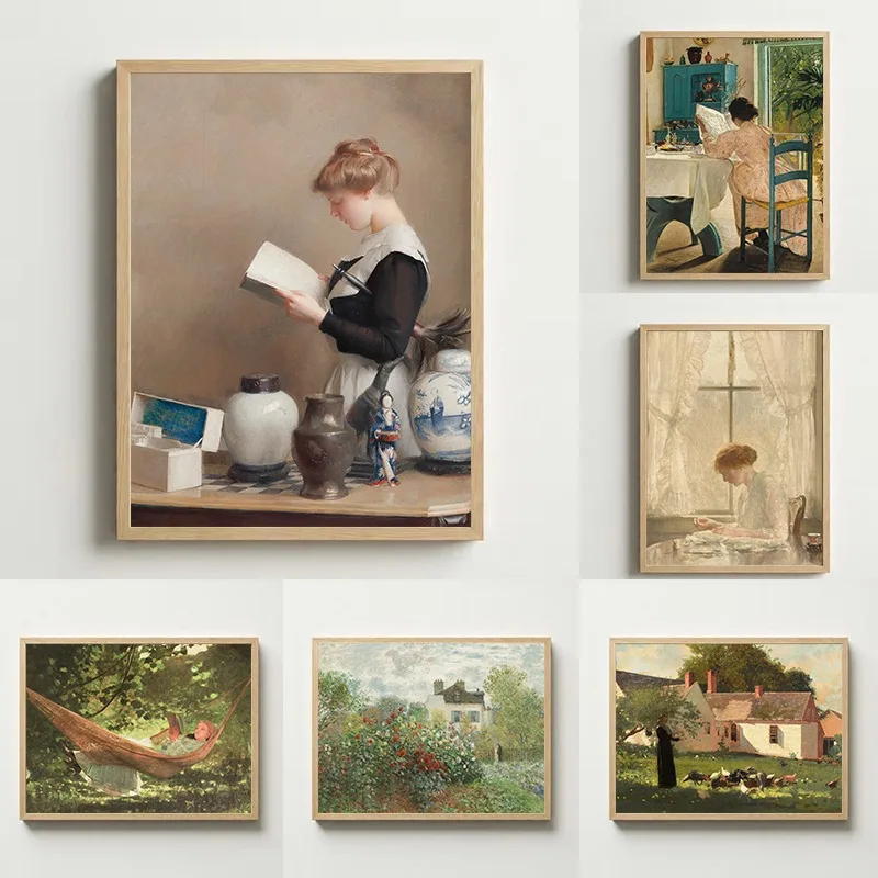 Vintage Classical Woman Reading Antique Spring Landscape Farmhouse Countryside Poster Canvas Painting Wall Pictures Home Decor