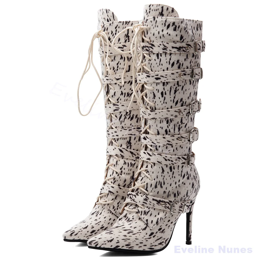 White Dalmatian Multi Buckle Knee High Boots Women Pointed Toe Stiletto Lace Up Western Boots Y2K Cowgirl Festival Long Boots
