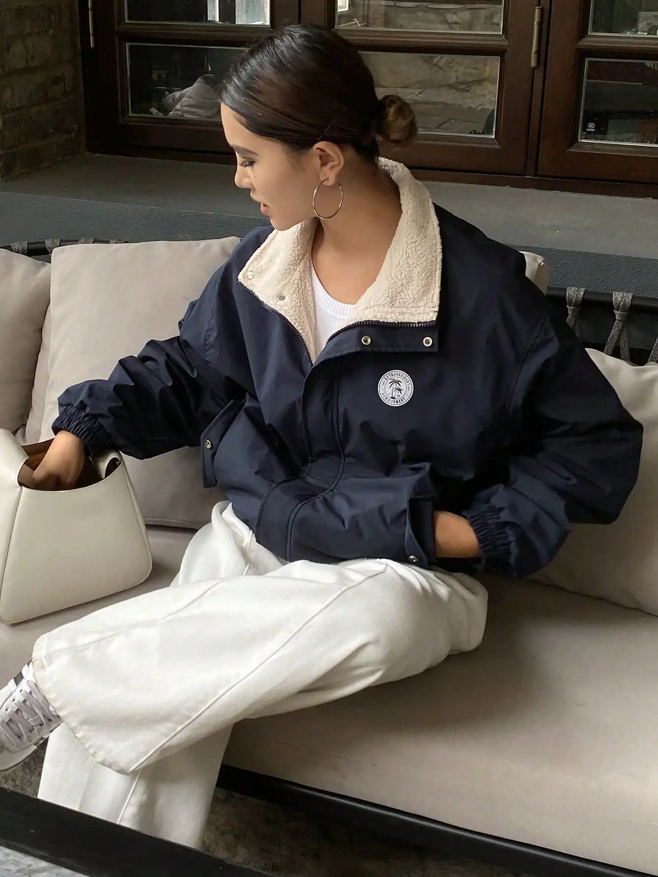 เสื้อแจ็คเก็ตซิปคอสูงแขนยาวทรงหลวมลาย DAZY สำหรับผู้หญิง