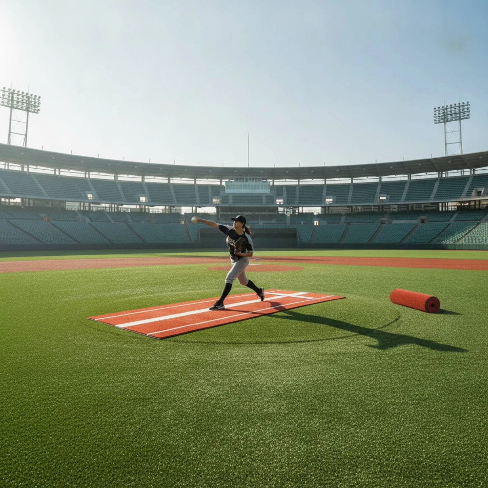 Pitching Mat with Lane Lines Weather-Resistant Pitching Mat Roll-up Antislip for, Field Training, Bullpen