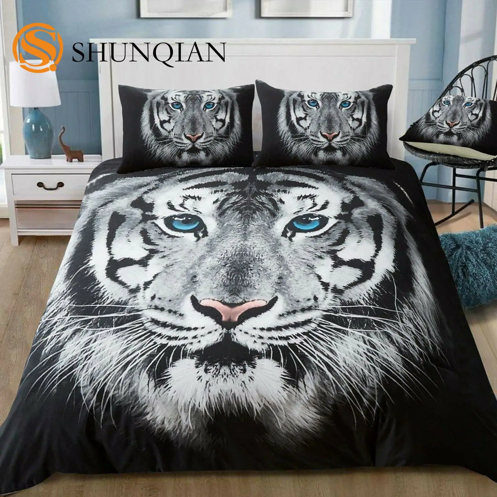 

White Tiger Bedding Set 3D Animal Print for Kids Boys Teens Duvet Cover Set Tiger Bedding Polyester Quilt Cover