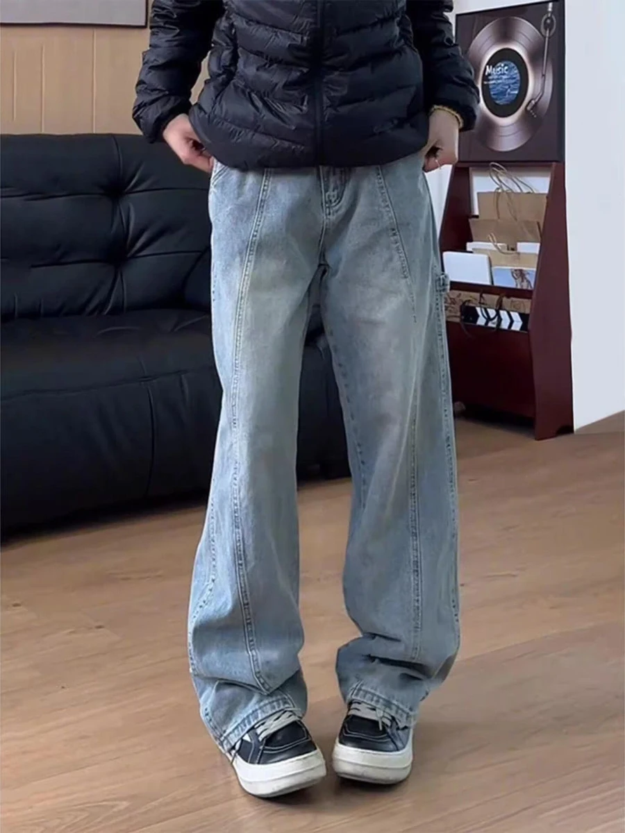 Calças Jeans Unissex Azuis com Recortes Angulares, Estilo Workwear, Primavera Outono, Corte Solto, Perna Reta, Perna Larga, E...