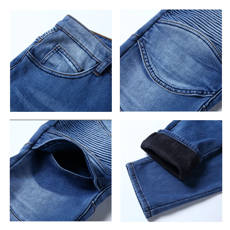 Winter Warm Motorcycle Pants Blue elasticity Jeans Built-in Knee Protection Men Motorbike Trousers Thickened for Riding Safety