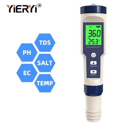 Yieryi 5 in 1 Digital Water Quality Meter TDS PH EC Salinity Temperature Tester for Spa Pools Aquariums Salt Freshwater Food