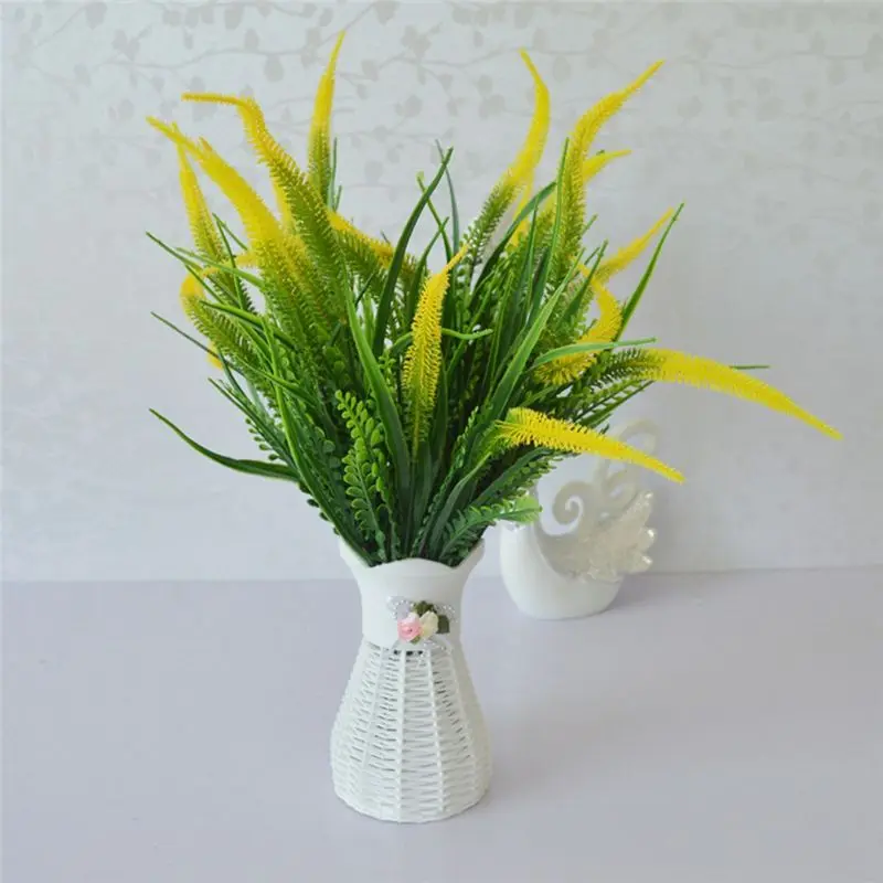 B17C 10 Bundles Artificial Plants Outdoor Grass with Flowers UV Resistant Greenery Garden Porch Window Box Decorating Yellow