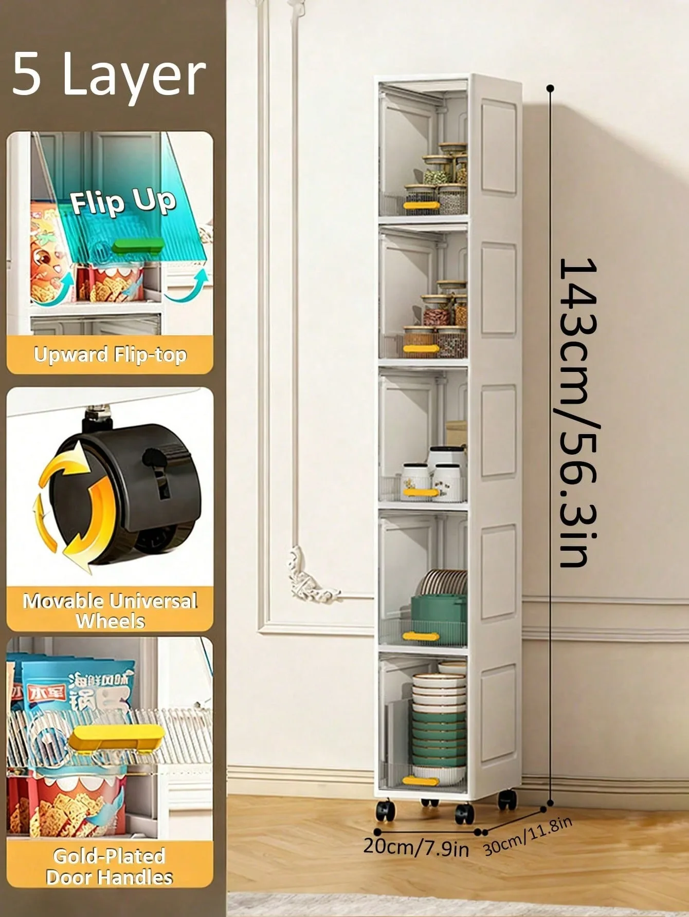 3/4/5 Layers High Narrow Bathroom Storage Cabinet With Movable Locking Wheel Design, Ultra-Thin Storage Cabinet With Adjustable