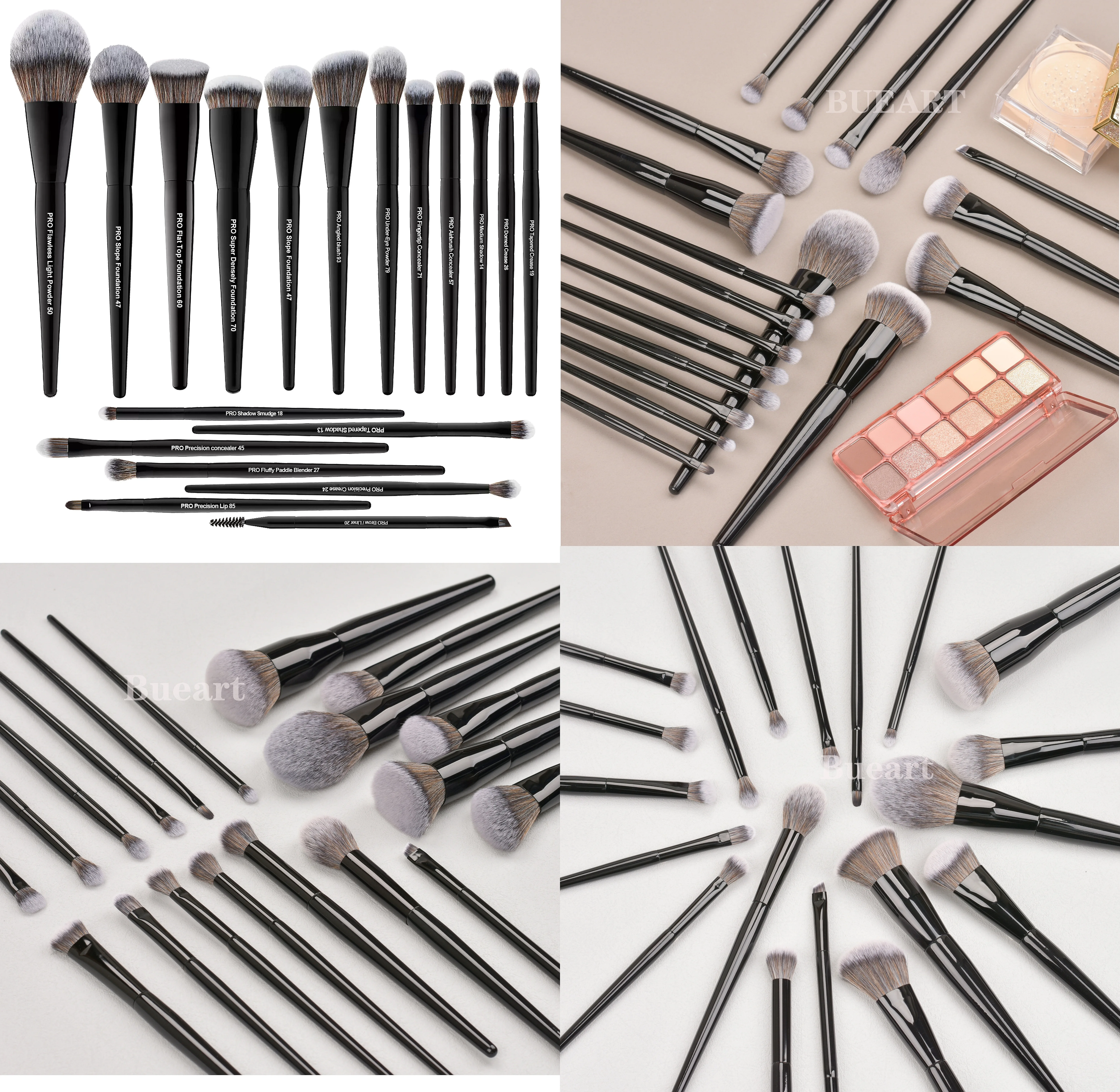 19pcs Grey Nano Hair Glossy Black Handle Powder Makeup Brushes Premium Quality &opulent Feel Custom Logo