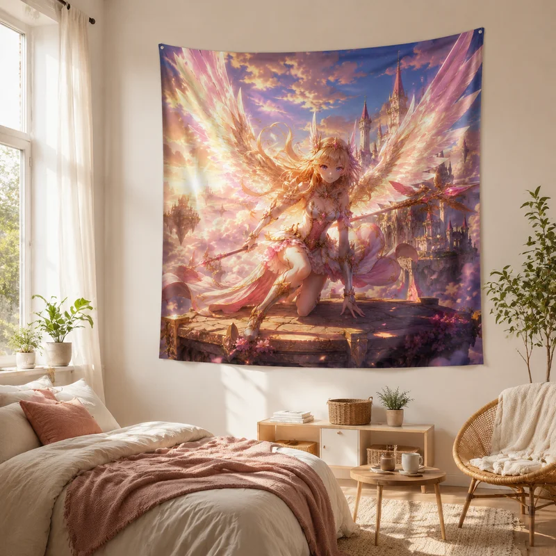 VIKAMA Cloud Angel Castle Wings Battle Lady Tapestry Pink Gold Sunset Light Floating Castle Golden Hair Anime Room Decoration