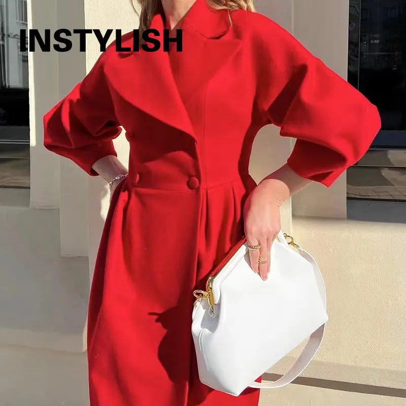 Winter Coat for Women Elegant Lantern Sleeve Lapel Collar Trench Coats Vintage Chic Long Jackets Overcoat 2023 Luxury Outwear