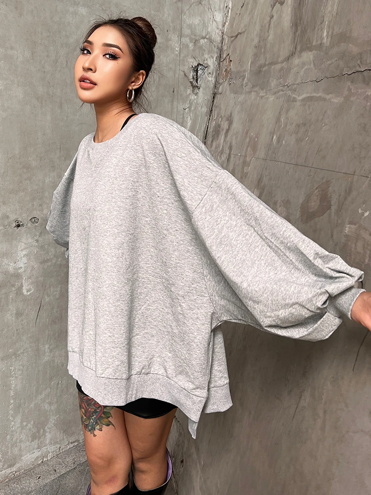 TWOTWINSTYLE Loose Minimalist Sweatshirt For Women Round Neck Batwing Sleeve Solid Casual Sweatshirts Female Autumn Clothing New