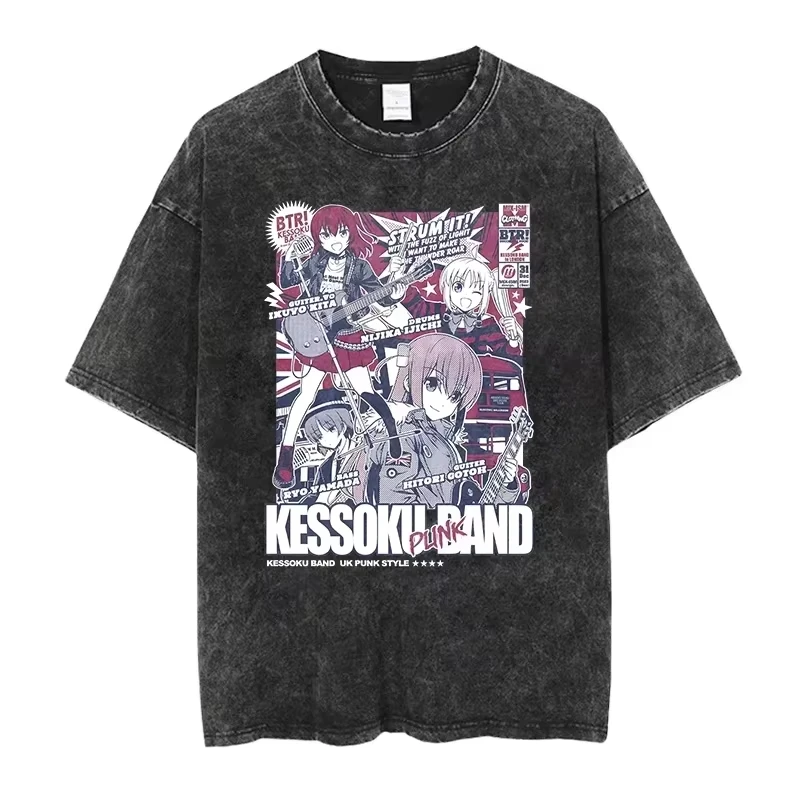 Summer Vintage Casual Basic Crew Neck Black Washed Short Sleeve T-Shirt With Anime Bocchi The Rock Manga Ryo Print T-shirt