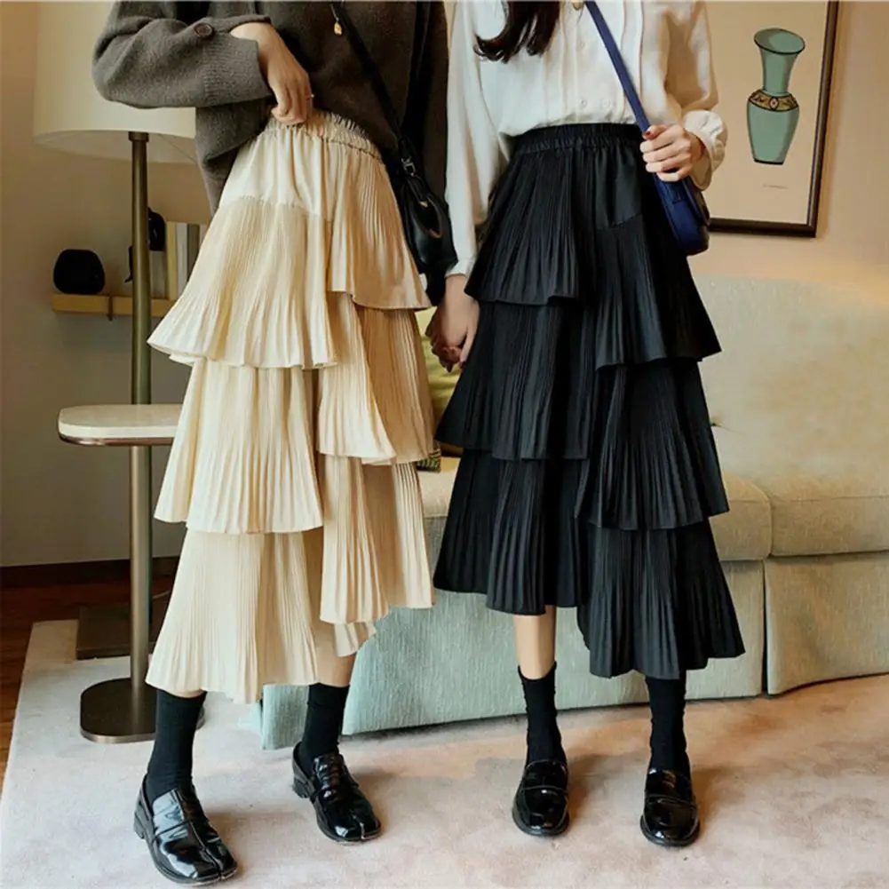 

Women High Waist Cake Skirt Elastic Waistband Solid Color Skirt Asymmetric Pleated Skirt Office Lady Ruffle Pleated Long Skirts